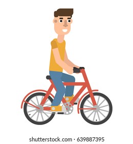 Man on red bicycle isolated on white background. Man or hipster riding bicycle flat vector illustration.
