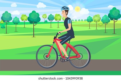 Man on red bicycle view from left vector illustration. Riding cyclist wearing blue helmet on sunny day in countryside filled with lush trees