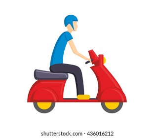 Man on red scooter. Flat vector illustration isolated on white background