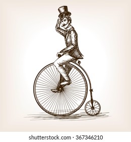 Man on retro vintage old bicycle sketch style vector illustration. Old hand drawn engraving imitation. Gentleman on a bicycle