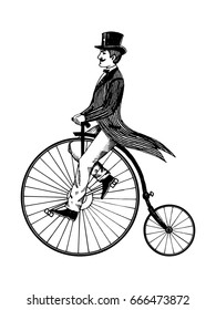 Man on retro vintage old bicycle engraving vector illustration. Scratch board style imitation. Hand drawn image.