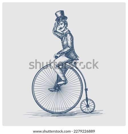 Man on retro vintage old bicycle sketch obsolete blue style vector illustration. Old hand drawn azure engraving imitation.