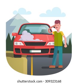 Man on a roadside standing near broken car covered with steam and smoke and calling cell phone for help. Flat style vector illustration isolated on white background.