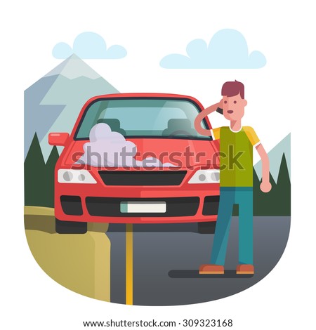 Man on a roadside standing near broken car covered with steam and smoke and calling cell phone for help. Flat style vector illustration isolated on white background.