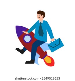 Ein Mann auf einer Rakete, ein Startup. Vektor einfache Farbe flache Illustration.