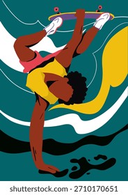 A man on roller skates is doing a trick. Vector illustration. Banner, poster, card.