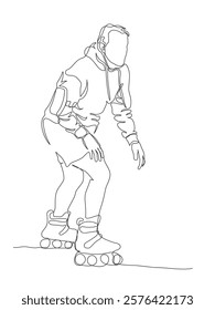 Man on rollers. Phone holder on hand. Continuous line drawing. Black and white vector illustration in line art style.