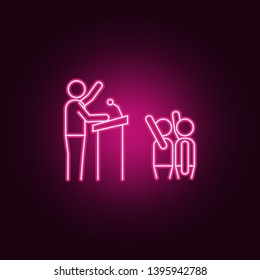 A man on the rostrum in front of voters neon icon. Elements of election set. Simple icon for websites, web design, mobile app, info graphics