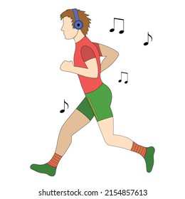 a man on a run listening to music with headphones. vector illustration on a white background.