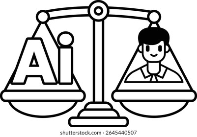 A man is on a scale with the word AI on the left side. The man is smiling and the scale is balanced