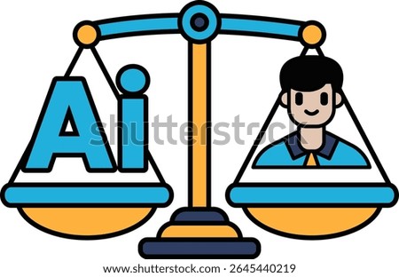 A man is on a scale with the word AI on the left side. The man is smiling and the scale is balanced