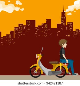 Man on scooter in the city illustration