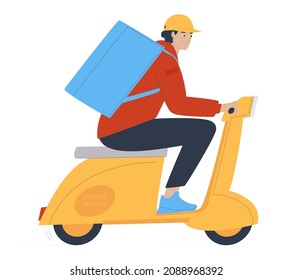 A man on a scooter with a delivery bag on his back. Express delivery of groceries and ready meals. Flat vector illustration