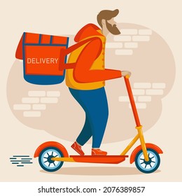 A man on a scooter is in a hurry to deliver an order to customers. Delivery service. Bright image in orange and yellow colors. Vector illustration