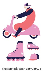 a man on a scooter set of flat vector illustrations, a man in a sausage suit with roller skates, a cap and soccer cleats