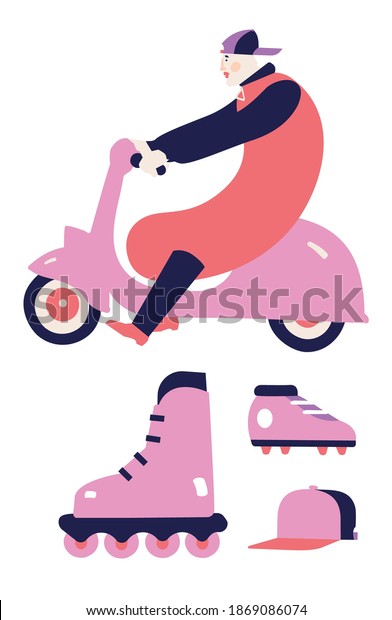 a man on a scooter set of flat vector\
illustrations, a man in a sausage suit with roller skates, a cap\
and soccer cleats