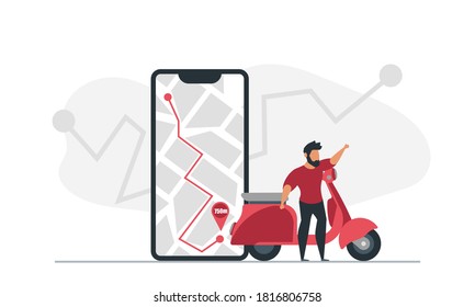A man on a scooter uses a navigator on his phone to get to his destination vector illustration