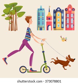 A man on a scooter walking a dog in a city. Vector illustration