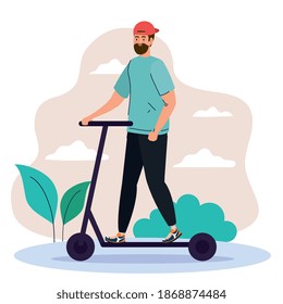 Mann auf Roller mit Hut auf Park-Design, Outdoor-Aktivität Thema Vektorgrafik