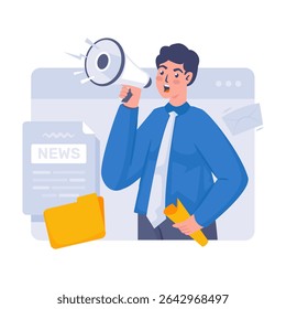 Man on screen giving breaking news, Business announcement, Public relations speech, Vector illustration