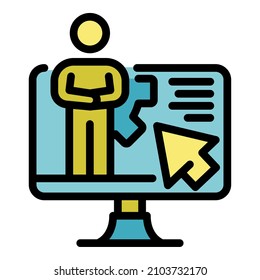 Icono de Hombre en pantalla. Hombre de contorno en pantalla icono de vectores color plano aislado