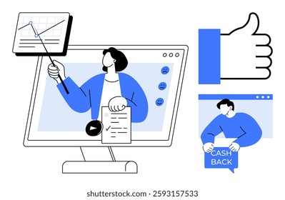 Man on screen making presentation with graph. Large thumbs-up symbol represents approval. Another man with cash back sign. Ideal for online education social media business marketing engagement