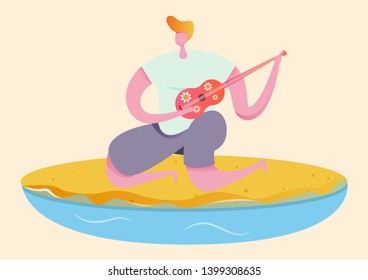 man on the sea beach plays a little guitar,vector image cartoon character