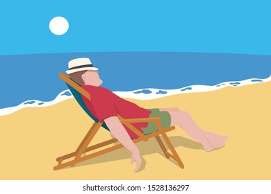 A man on a seaside vacation is resting while napping, lying in a deck chair on the beach
