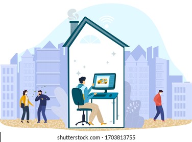 Hombre en trabajo de autoaislamiento en casa en computadora, ilustración vectorial. Distancia social, tipo planeando un viaje después de la cuarentena. La gente enmascarada y el hombre enfermo sin protección caminan por la calle.