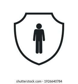 man on shield icon, user protection pictogram isolated on white background symbol