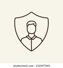 Man on shield line icon. Programmer, defense, IT. Data protection concept. Vector illustration can be used for topics like information, protection, internet