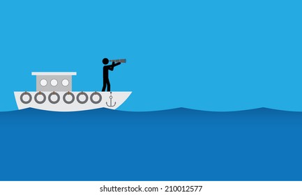 Man on ship is searching the horizon. It is a stick figure vector. EPS10 