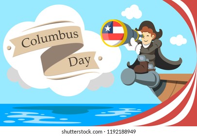 Man On Ship With Spyglass Happy Columbus Day National Usa Holiday Concept Flat Vector Illustration