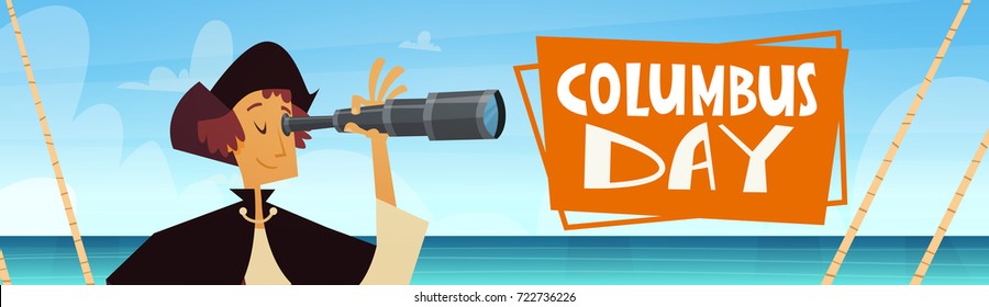 Man On Ship With Spyglass Happy Columbus Day National Usa Holiday Concept Flat Vector Illustration