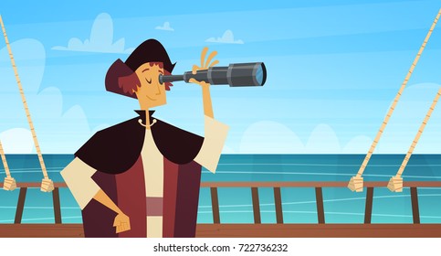 Man On Ship With Spyglass Happy Columbus Day National Usa Holiday Concept Flat Vector Illustration