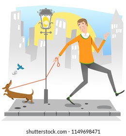 Man on sideway with dog chasing a bird, leash getting caught around street light pole (vector illustration)