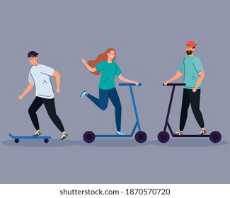 man on skate and couple on scotter design, Outdoor activity theme Vector illustration