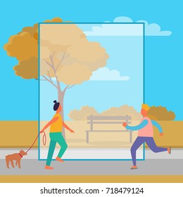 Man on skate rollers and woman walking dog in autumn park with bench and golden trees. Vector illustration with frame for text in center