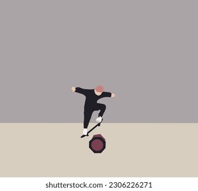 Man on skateboard doing jump trick in urban city. Sport and active life concept. Skateboarding outdoor sports.