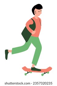 Hombre en patineta. Carácter plano. Chico en movimiento. Persona colorida dibujada a mano con bolsa. Ilustración de vectores aislada