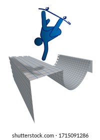 man on a skateboard performs a ramp trick. Drawing in blue ink on a checkered sheet paper. Extreme skating on the board. Isolated vector on white background