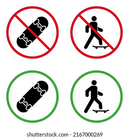 Man on Skateboard Prohibited Pictogram. Allowed Person on Skate Board Green Circle Symbol. No Skateboarding Sign. Entry with Eco Transport Black Silhouette Icon Set. Isolated Vector Illustration.