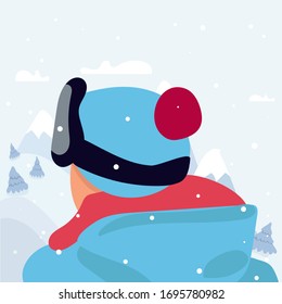 Man on ski resort. Winter sport, outdoor city activities. Vector stock illustration isolated on winter landscape background. Cartoon character in modern simple flat style.
