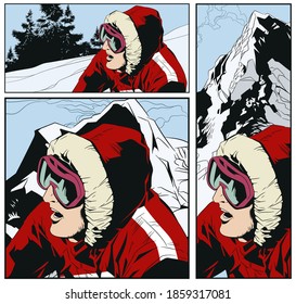 Hombre esquiando. Esquiando en las montañas. Vector. Ilustración bursátil.