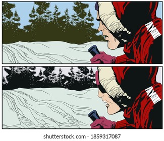 Man on ski. Skiing in mountains. Vector. Stock illustration.