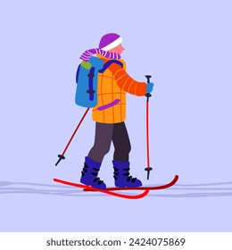 A man on a ski trip. Mountain landscape with ski tracks. Winter holidays and travel. Minimalism. Vector illustration.