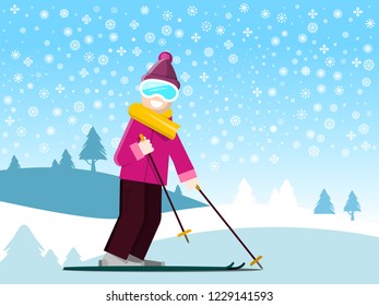 Man on Ski with Winter Field with Snowflakes on Background