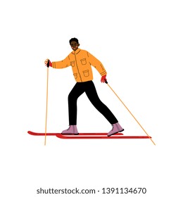 Man on Skis, Male African American Athlete Character Skiing, Winter Sport, Active Healthy Lifestyle Vector Illustration