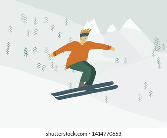 Man on skis in the mountains Human figure in motion Vector flat illustration