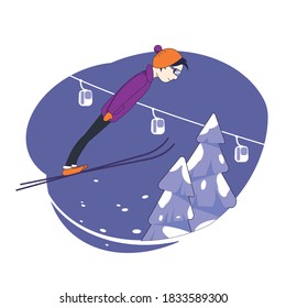 A man on skis performs a jump. Alpine skiing. Ski resort.